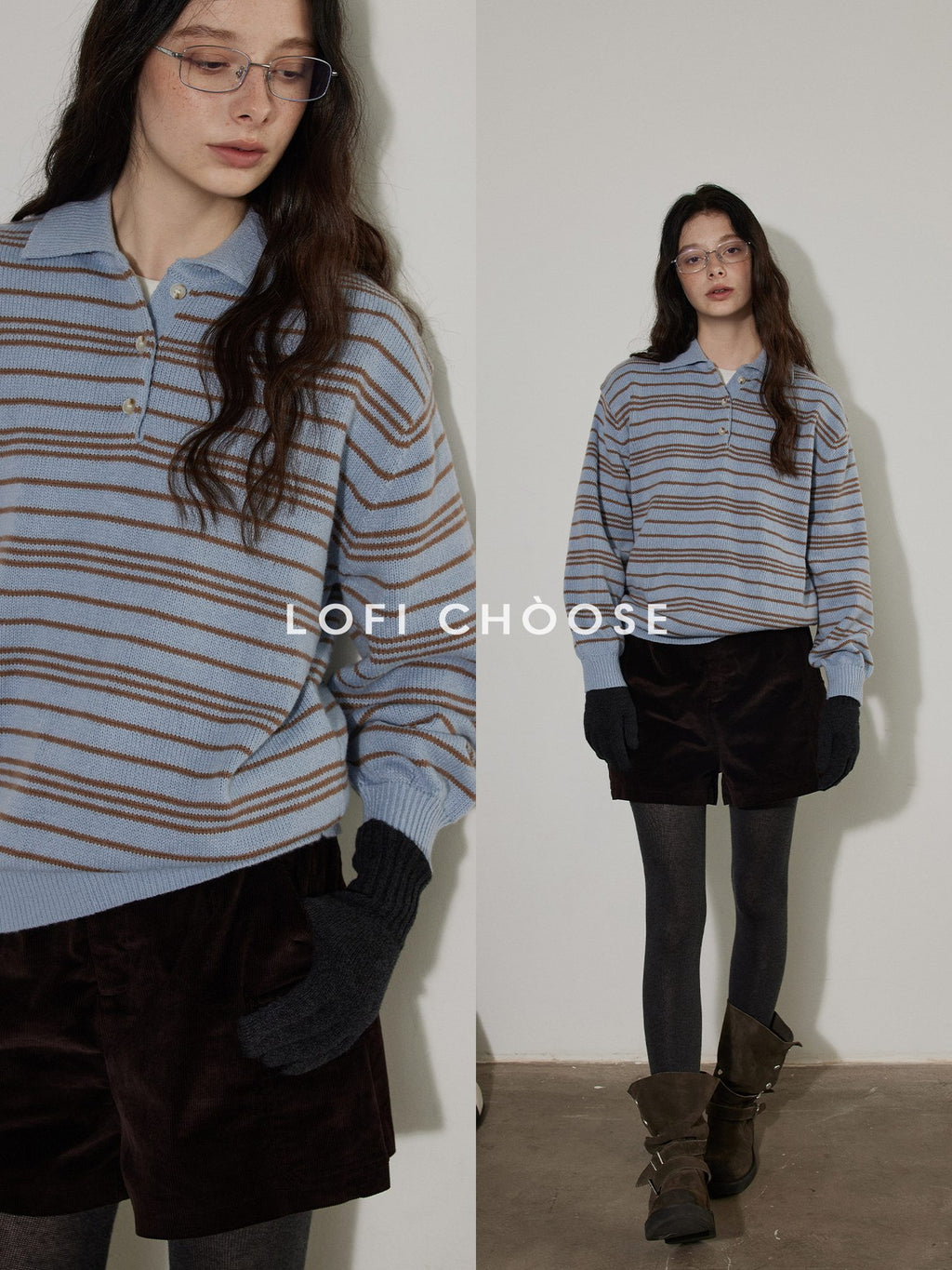 Lofi choose Cozy Striped Polo Collar Loose Fit Knit Pullover Workwear Acrylic Sweaters