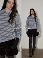 Lofi choose Cozy Striped Polo Collar Loose Fit Knit Pullover Workwear Acrylic Sweaters