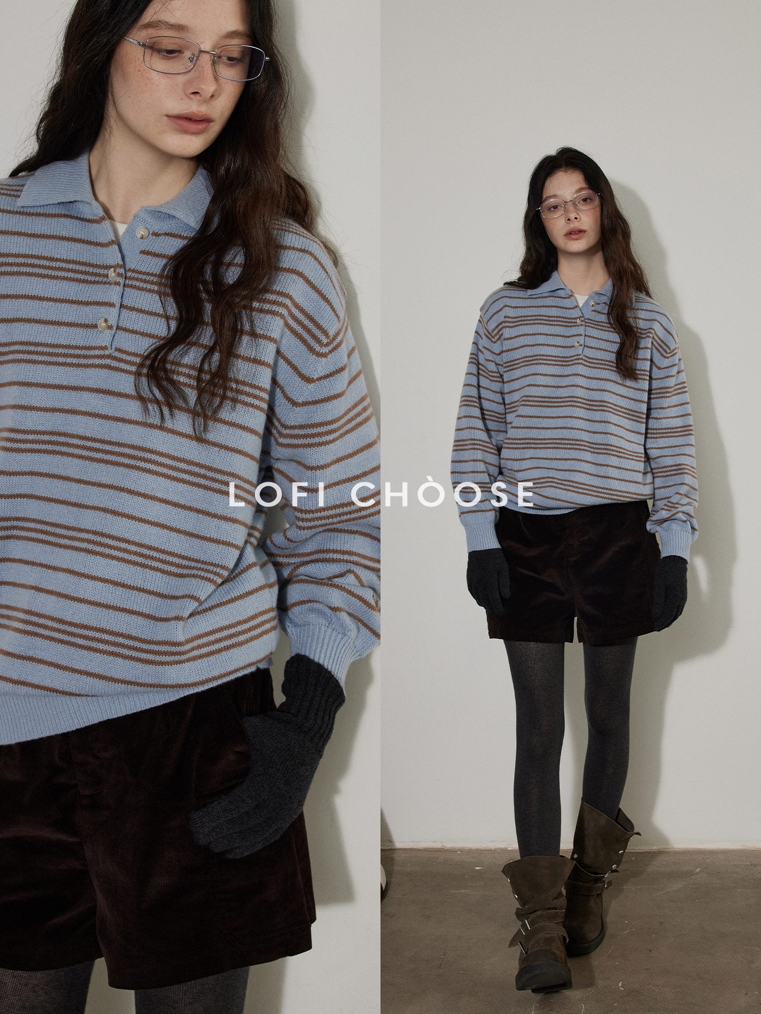 Lofi choose Cozy Striped Polo Collar Loose Fit Knit Pullover Workwear Acrylic Sweaters