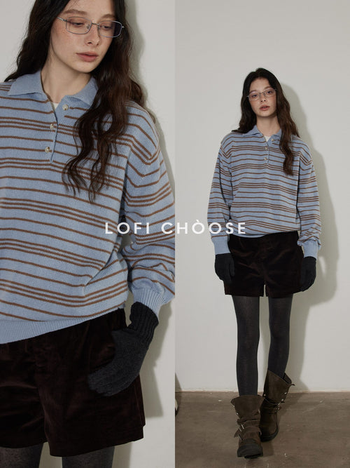 Lofi choose Cozy Striped Polo Collar Loose Fit Knit Pullover Workwear Acrylic Sweaters