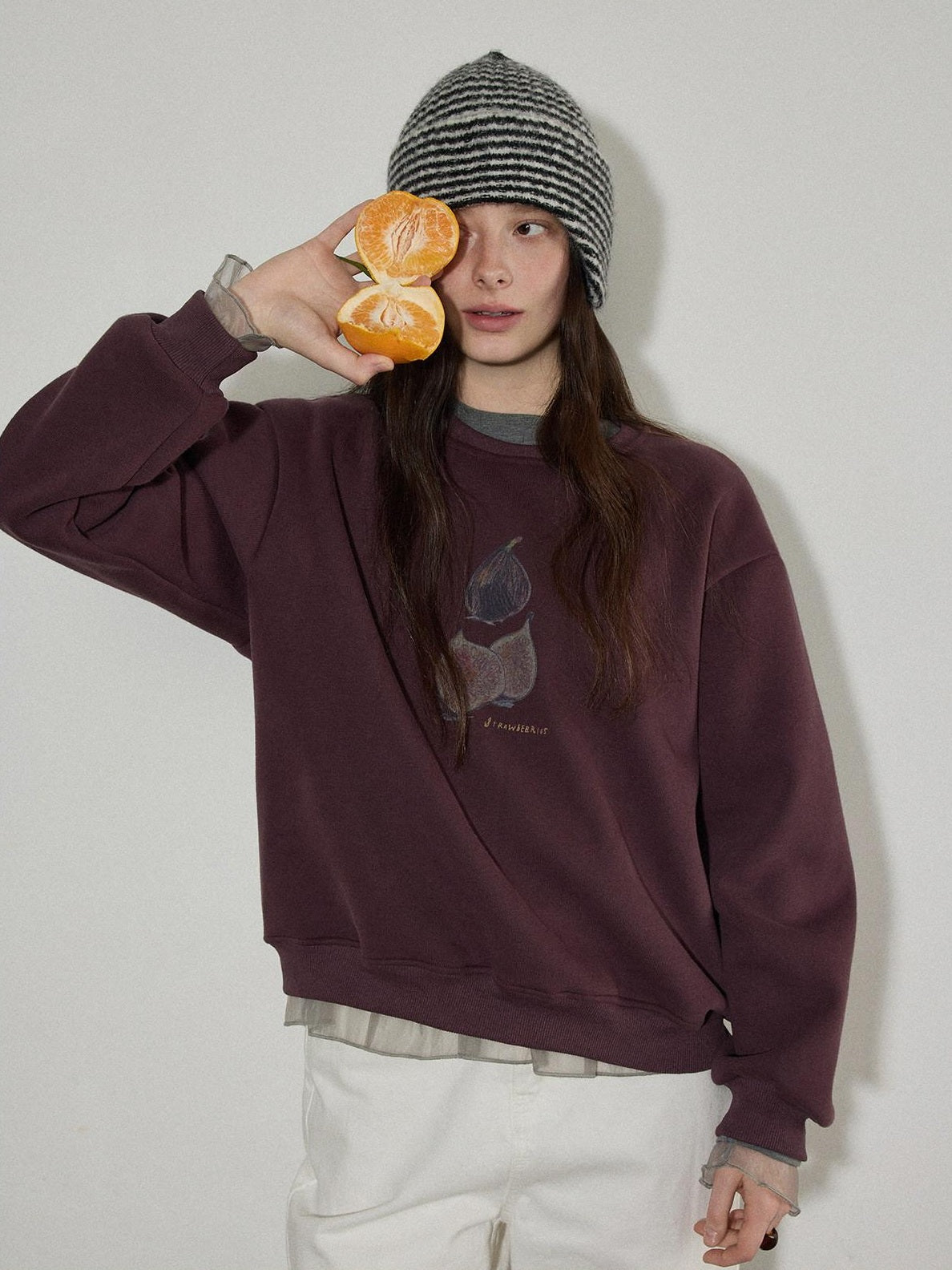 Lofi choose Patchwork Loose Fit Office Crew Neck Women Dark Gray White Long Sleeve T-Shirts