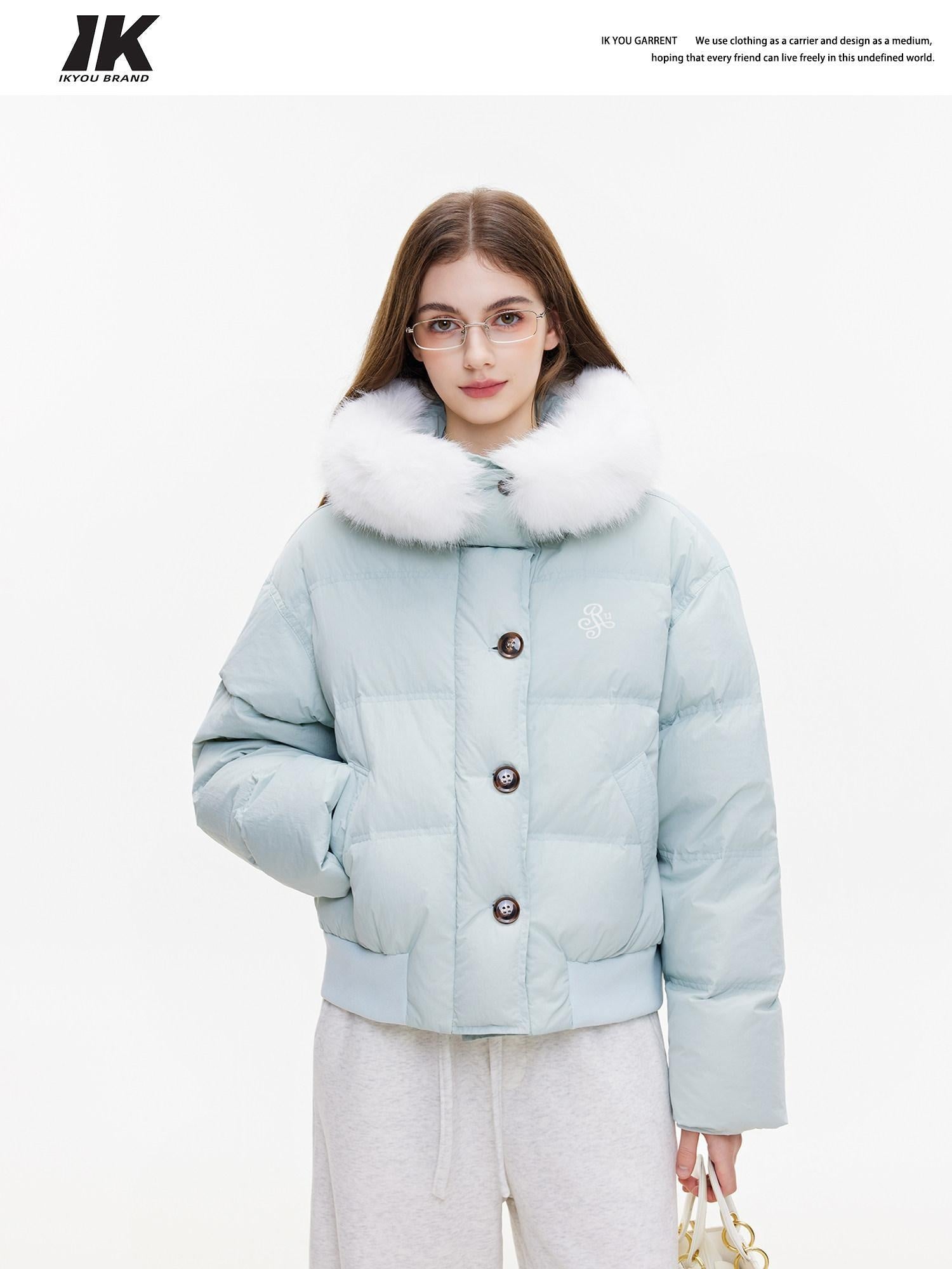 ikyou Warm Embroidered Detachable Hood Korean Loose Nylon Padded Teal Puffer Jackets