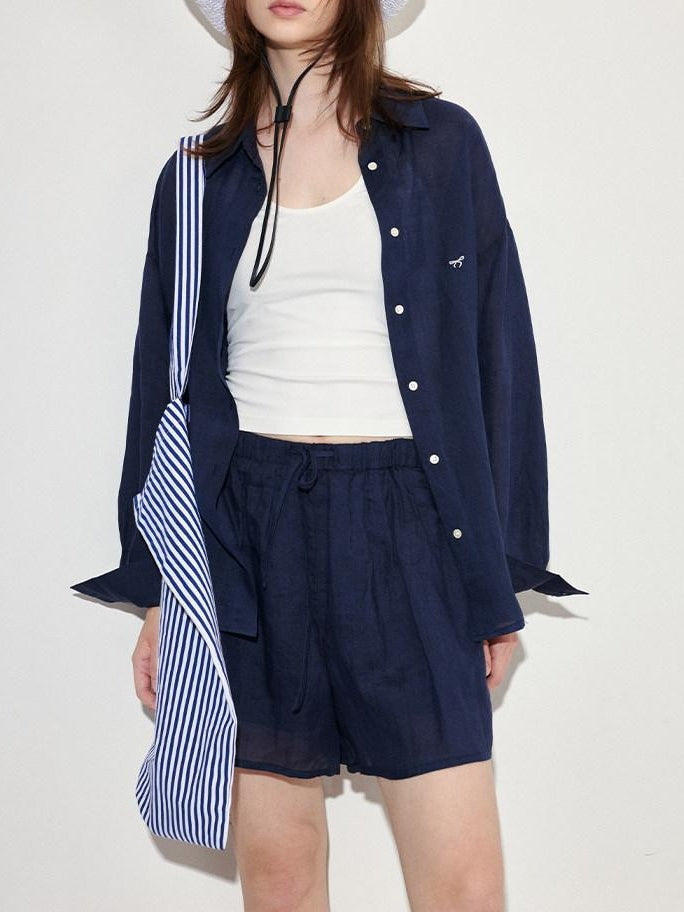 fano Comfortable Collared Long Sleeve Navy Two Piece Women Top & Shorts Sets