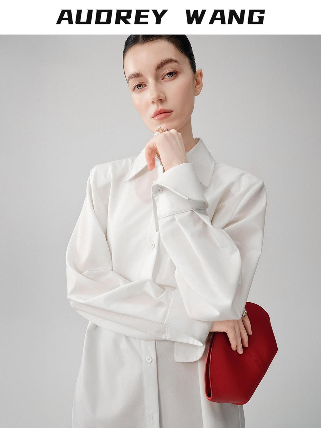audreyyang Comfortable Polyester Blend Loose Lapel Button Long Sleeve Commuter White Shirts