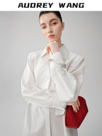 audreyyang Comfortable Polyester Blend Loose Lapel Button Long Sleeve Commuter White Shirts