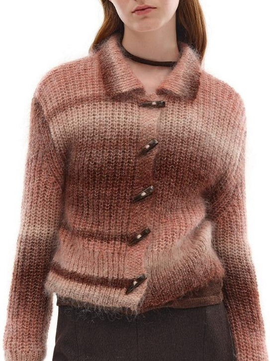 someone sometimes Soft Mohair Blend Lapel Collar Button Front Women Pink Brown Gradient Cardigans