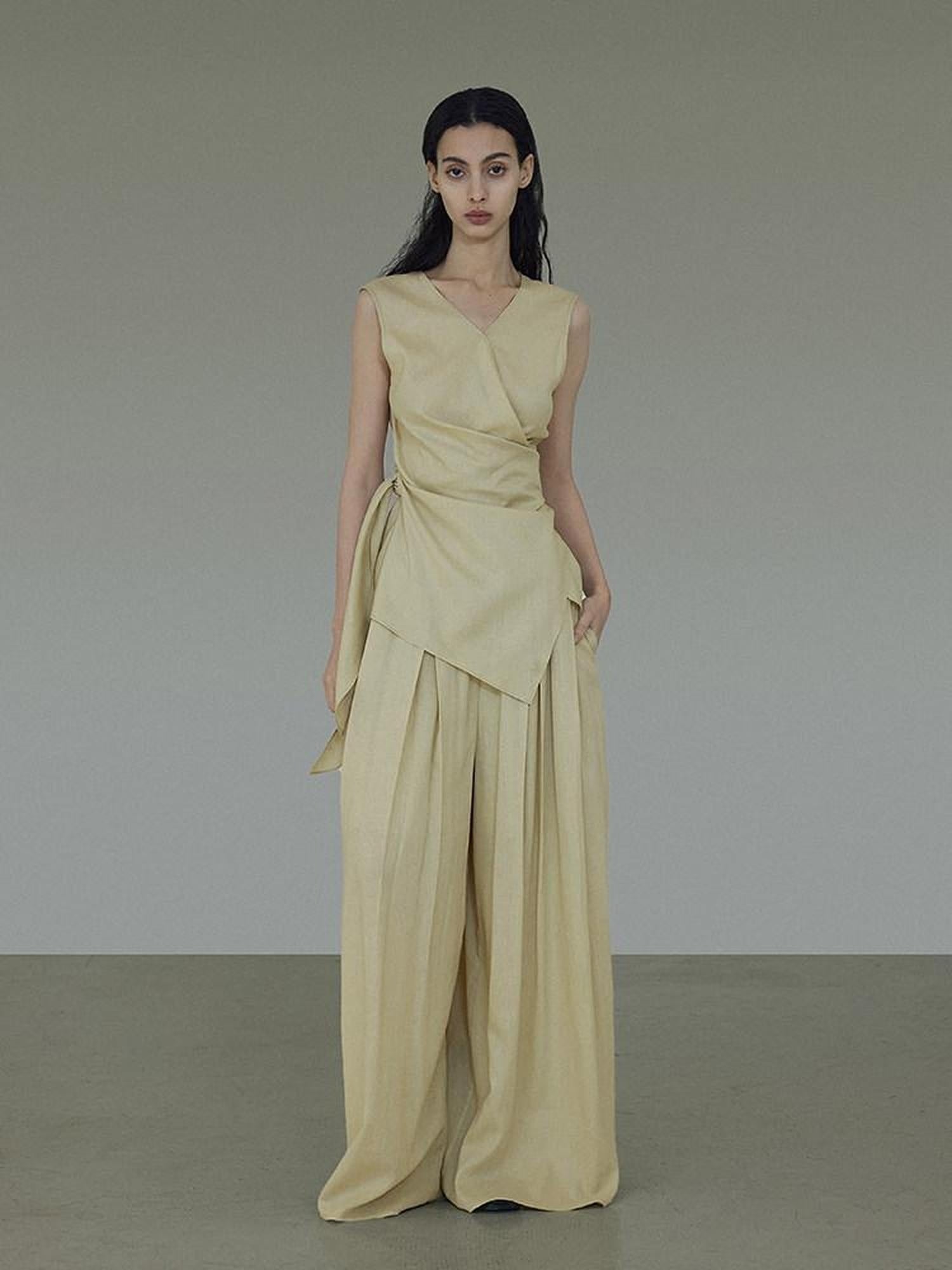unspoken V-neck Khaki Two Piece Slim Fit Casual Office Women Long Pants Top & Pants Sets