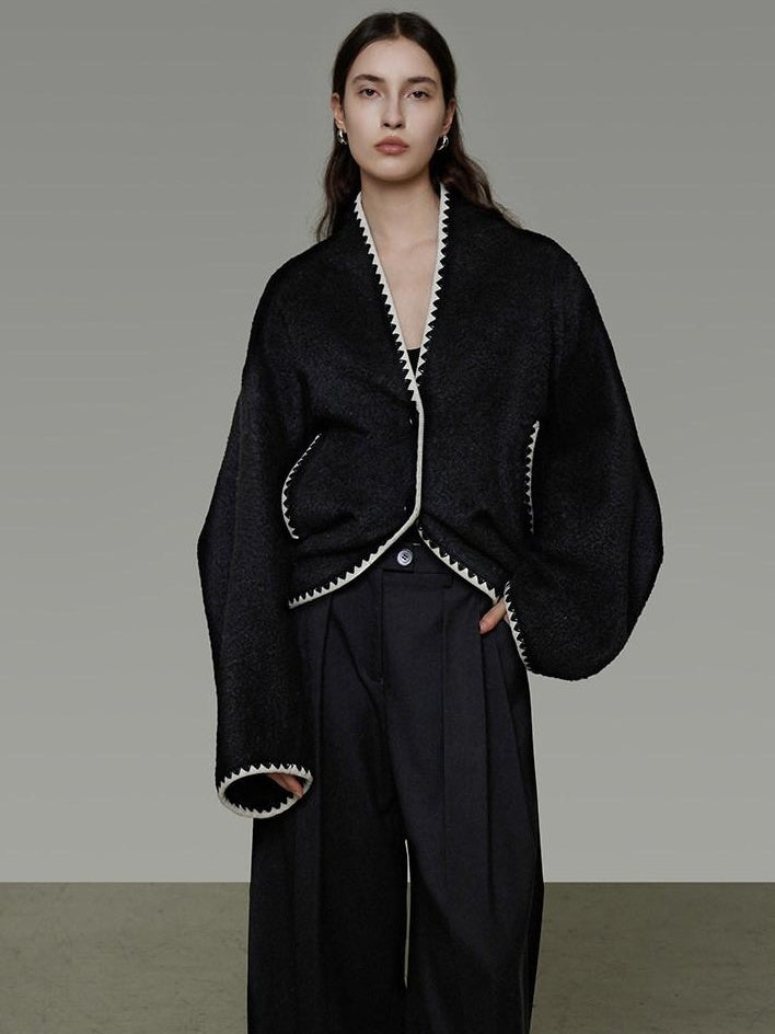 unspoken Minimalist Commuter Tailored Oversized V-neck Short Black Women Wool Coats