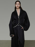 unspoken Minimalist Commuter Tailored Oversized V-neck Short Black Women Wool Coats