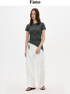 fano White Casual Loose Wide Leg Natural Waist Zipper Women Straight Pants