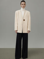 unspoken Cream Wool Blend Commuter Loose Fit V-neck Single Button Women Wool Coats