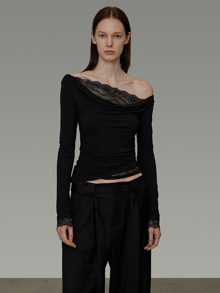 unspoken Lace Patchwork Off Shoulder Slim Fit Casual Knit Long Sleeve Black Blouses
