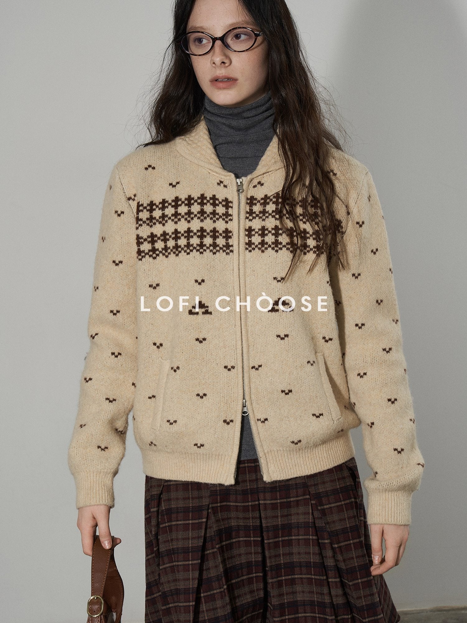 Lofi choose Cozy Thick Vintage Colorblock Loose Zip Lapel Collar Women Caramel Cardigans