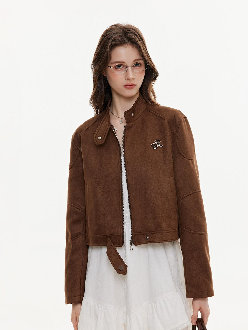 ikyou Durable Vintage Slim 3D Embellished Stand Collar Zip Brown Women Cropped Jackets