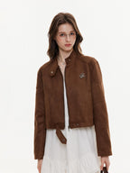 ikyou Durable Vintage Slim 3D Embellished Stand Collar Zip Brown Women Cropped Jackets
