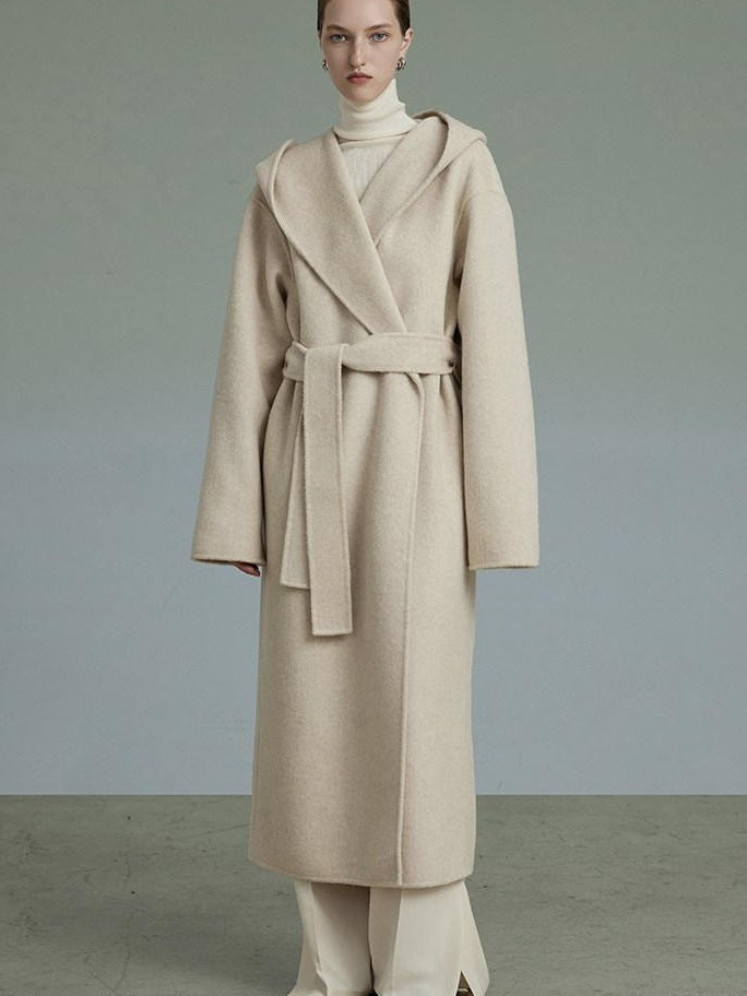 unspoken Premium 90 Wool 10 Alpaca Hooded Minimal Straight Long Oatmeal Wool Coats
