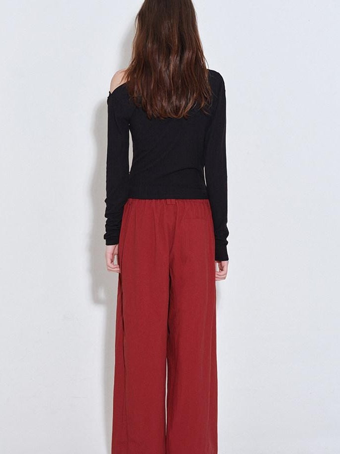 fano High Waist Elastic Minimal Korean Workwear Wide Leg Nylon Red Straight Pants