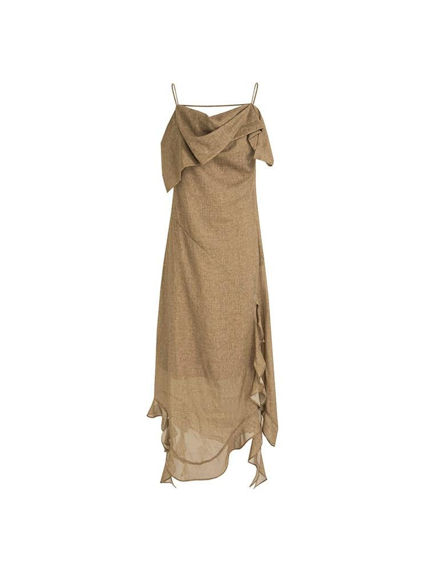 unspoken Cotton High Waist Irregular Hem Minimal Work Strappy Brown Maxi Dresses