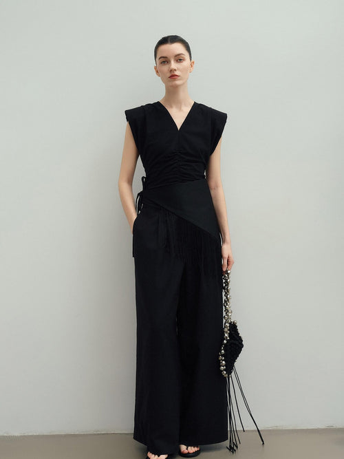 audreyyang Drawstring Pleated Loose V-neck Black Solid Women Off Shoulder Crop Tops