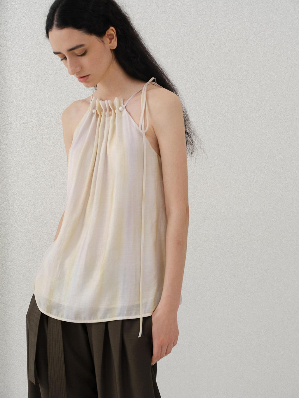 someone sometimes Original Mesh Patchwork Epaulette Loose Striped Women Halter Crop Tops