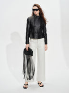 audreyyang Lambskin Vintage Loose Women Double Breasted Black Leather Jackets
