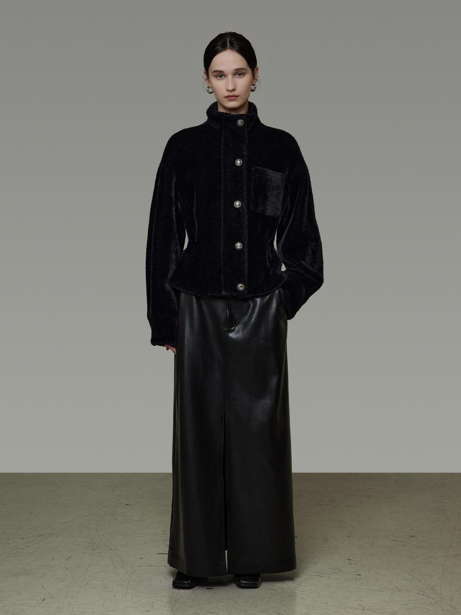 unspoken High Waist Textured H Line Straight Minimalist Workwear Black Midi Skirts