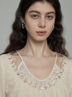 unspoken Durable 100% Cotton Original Relaxed Round Neck Women Beige Solid Blouses