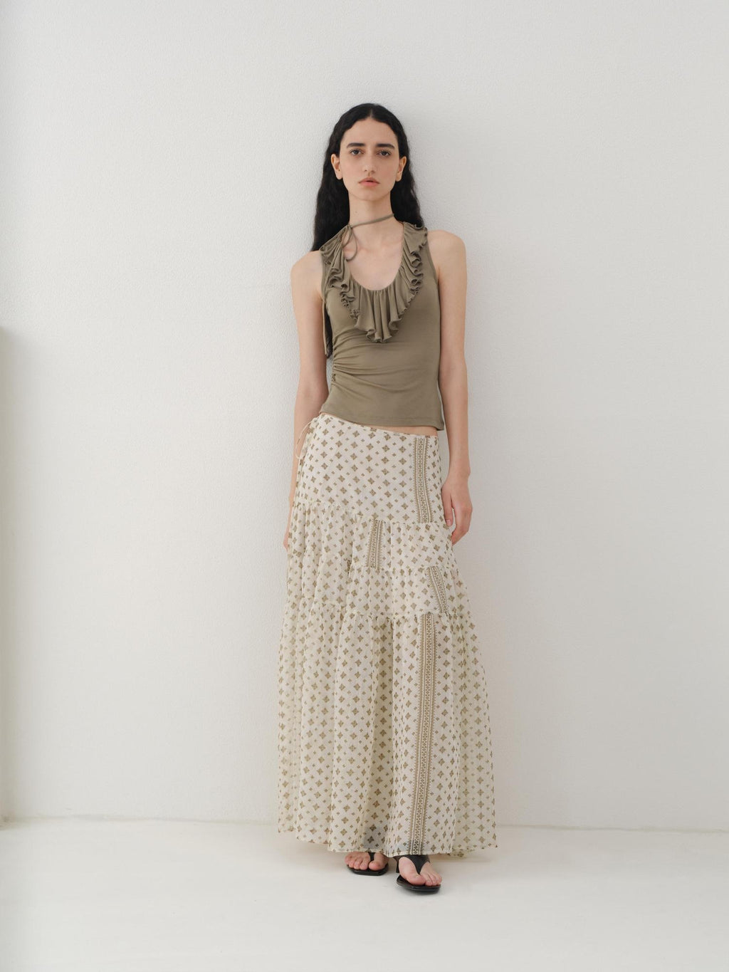 someonesometimes Light Lyocell Slim Ruffle Tie Cami Workwear Women Olive Green Tank Tops