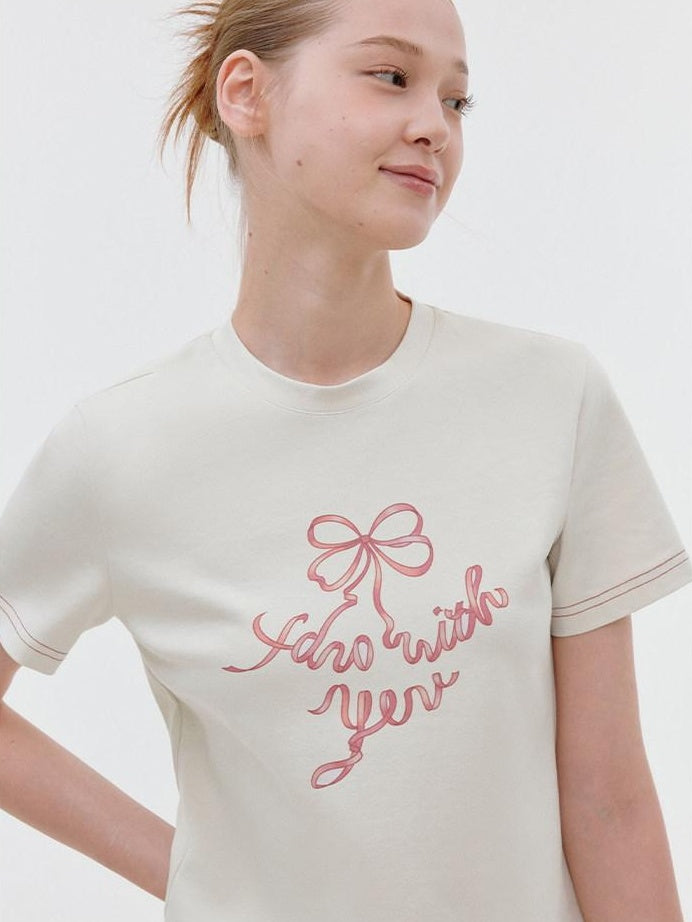 fano Butterfly Bow Print Cotton Blend Slim Korean Crew Neck Beige Basic Crop Tops
