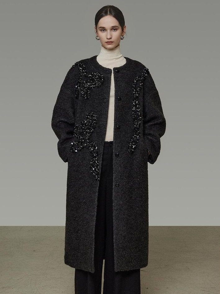 unspoken Warm 3D Embellished Loose Minimalist Commuter Long Women Deep Gray Wool Coats