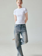 fano Vintage Blue Green Micro Stretch Natural Waist Relaxed Casual Straight Leg Jeans