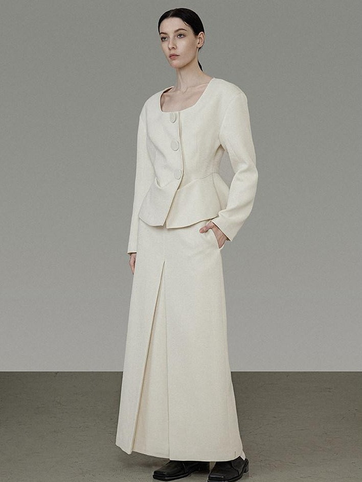unspoken Slim Office Button Front Long Sleeve Cream Polyester Women Top & Skirt Sets