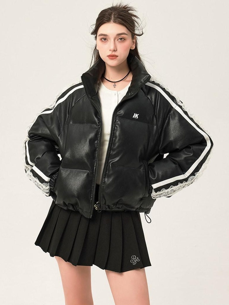 ikyou Thick Pu Leather Short Zip Stand Collar Straight Commuter Black Puffer Jackets