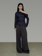 unspoken Warm Slanted Collar Loose Fit Long Sleeve Office Dark Blue Polyester Blouses