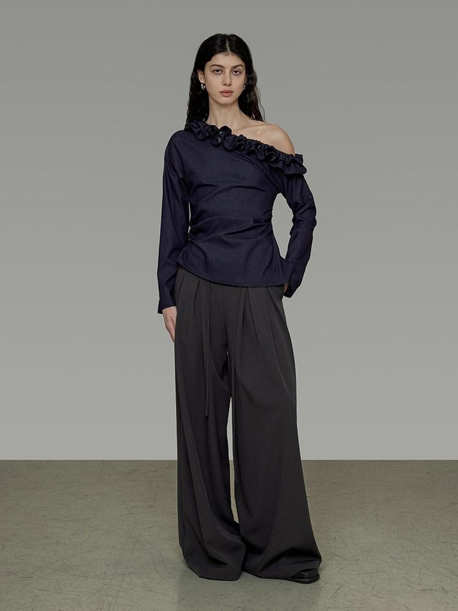 unspoken Warm Slanted Collar Loose Fit Long Sleeve Office Dark Blue Polyester Blouses