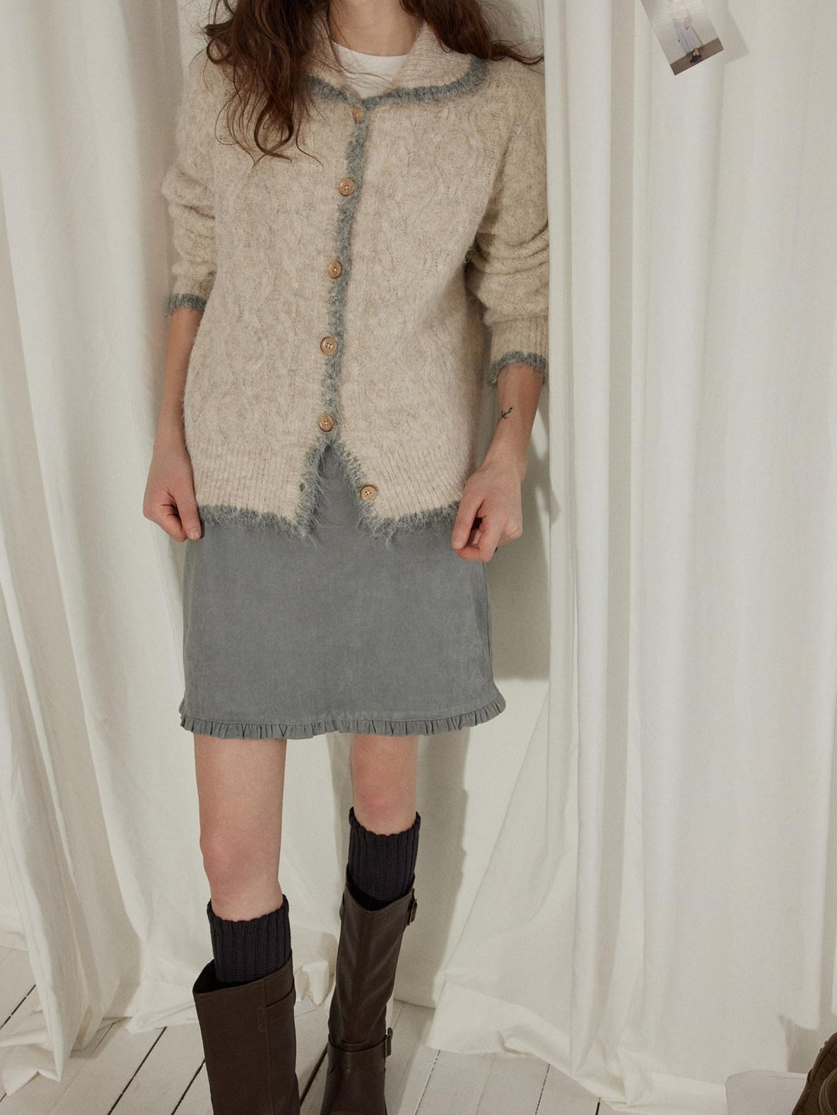 Lofi choose Wool Blend Contrast Trim Relaxed Lapel Button Women Oatmeal Knit Cardigans