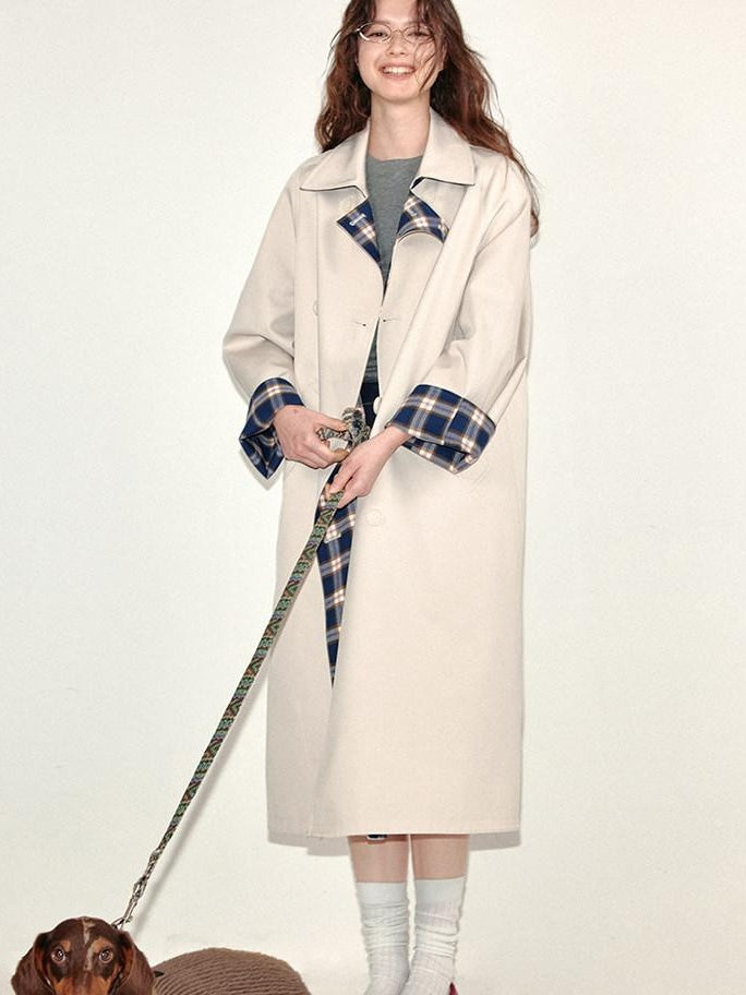 fano Light Cotton Blend Single Breasted Loose Fit Women Beige Plaid Trench Coats