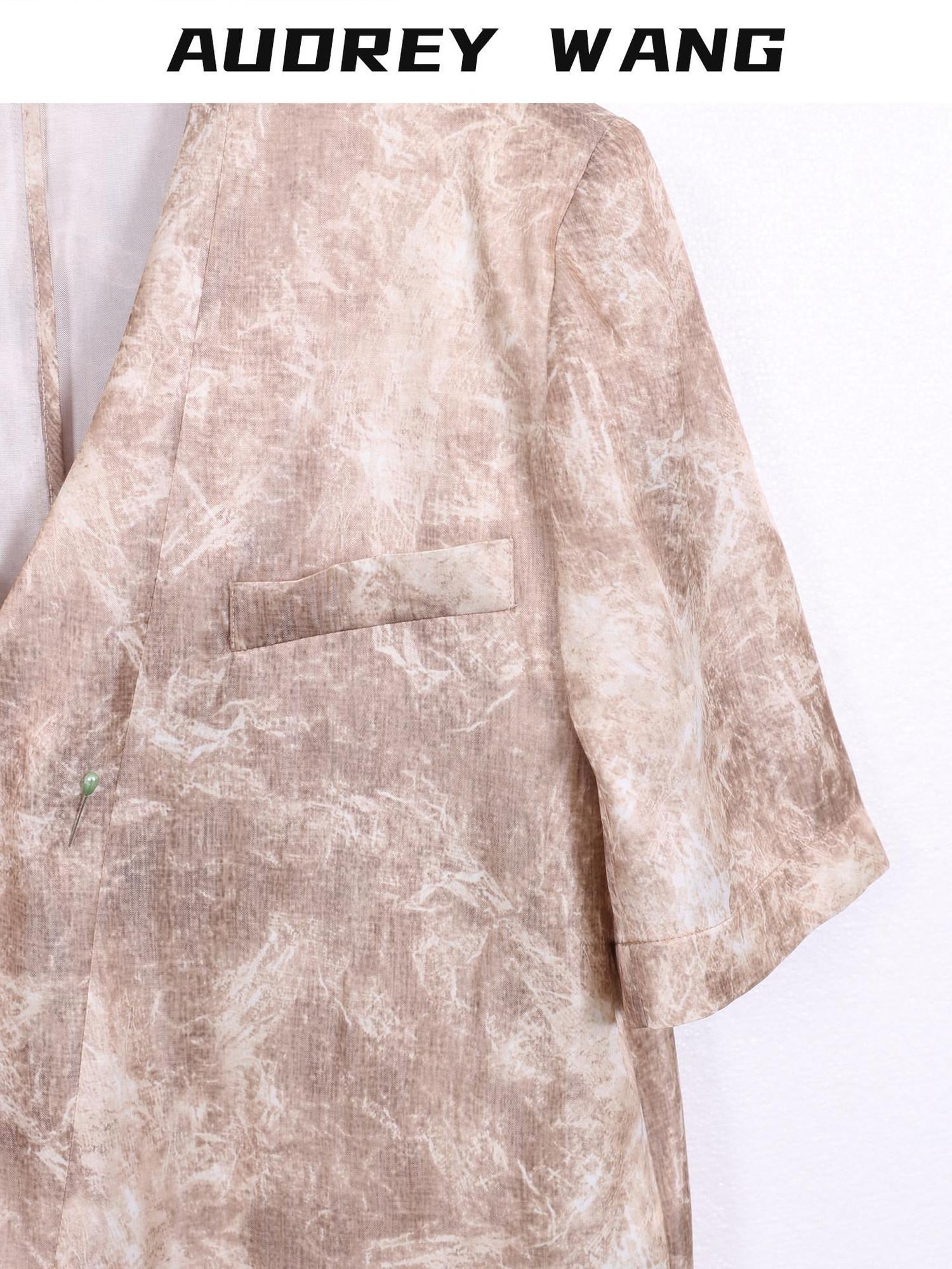 audreyyang Wrinkle Resistant Milk Tea Print Collarless Short Sleeve Loose Fit Blazers