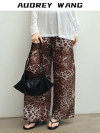 audreyyang Leopard Print Elastic Waist Minimal Office Loose Straight Womens Wide Leg Pants