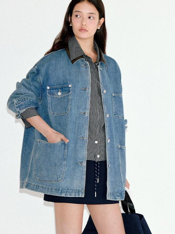 fano Patchwork Washed Blue Loose Fit Casual Cotton Women Button Front Denim Jackets
