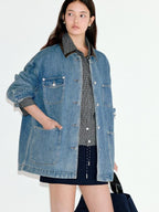 fano Patchwork Washed Blue Loose Fit Casual Cotton Women Button Front Denim Jackets