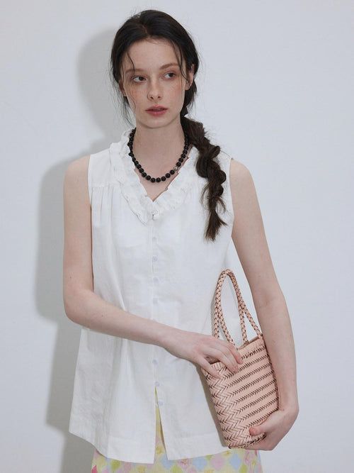 Lofi choose Chic Lace Collar Sleeveless Loose Fit Office Workwear Women White Blouses