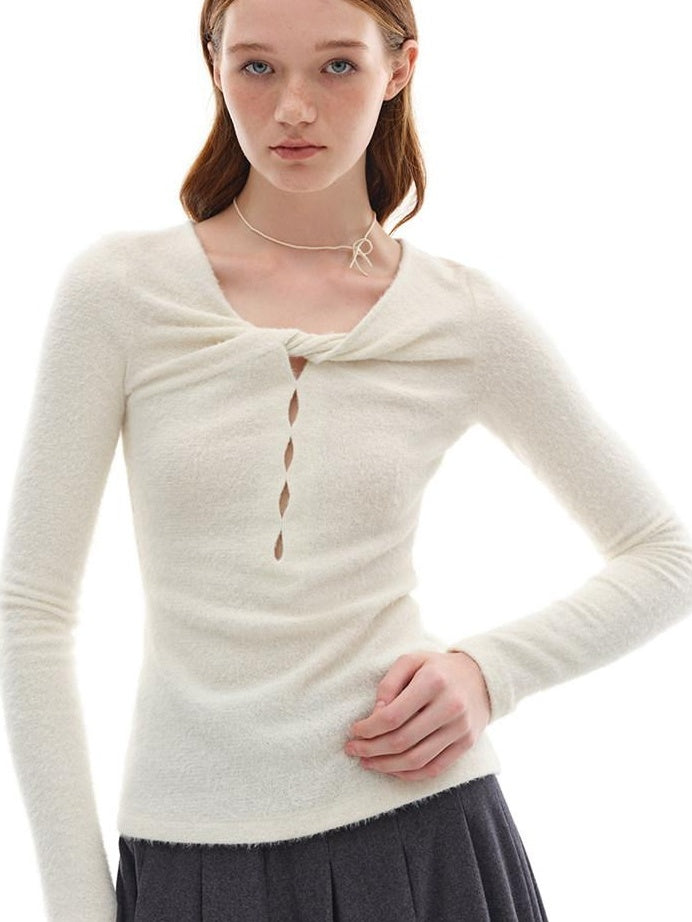 someonesometimes Soft Stretch V-neck Cutout Slim Fit Knit For Women Apricot Long Sleeve T-Shirts