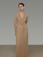 unspoken Breathable High Waist Sash V-neck Aline Longsleeve Office Polyester Maxi Dresses