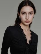 unspoken Breathable Lyocell Lace Slim Fit V-neck Long Sleeve Women Black Blouses