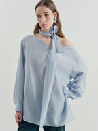 someonesometimes Breathable Lyocell Minimal Commuter Relaxed V-neck Button Tie Women Blouses