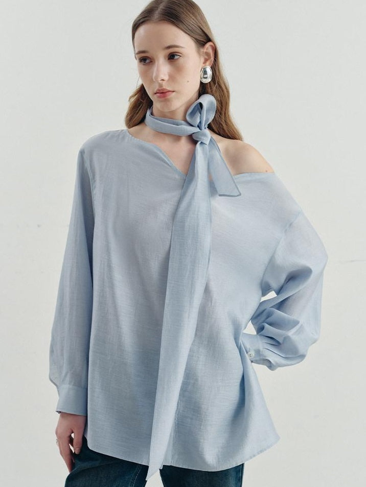 someonesometimes Breathable Lyocell Minimal Commuter Relaxed V-neck Button Tie Women Blouses