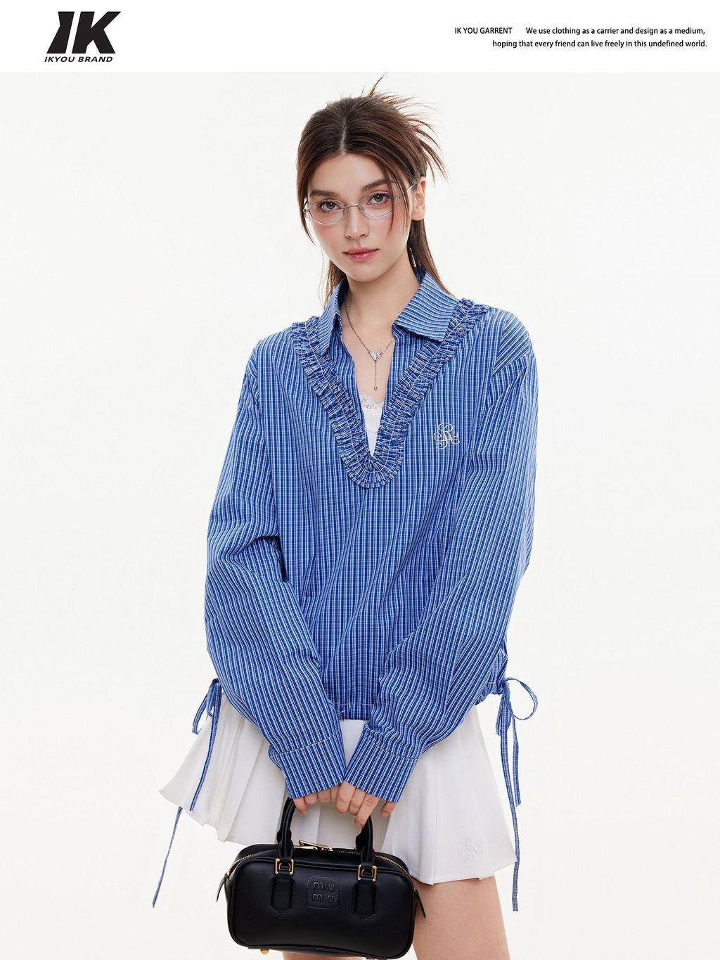ikyou Stain Resistant Slimming Loose 3D Embroidered V-neck Workwear Plaid Blue Blouses