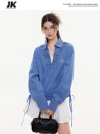 ikyou Stain Resistant Slimming Loose 3D Embroidered V-neck Workwear Plaid Blue Blouses