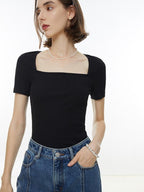 fano Creative Square Neck Slim Fit Minimalist Women Black White Short Sleeve T-Shirts
